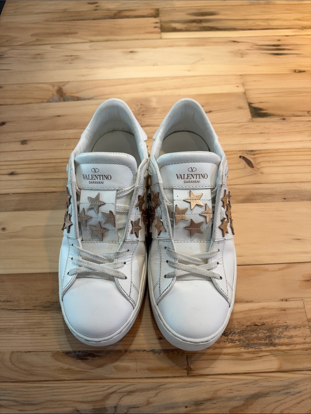Valentino Garavani White Leather Sneakers with Gold & Rose-Gold Stars